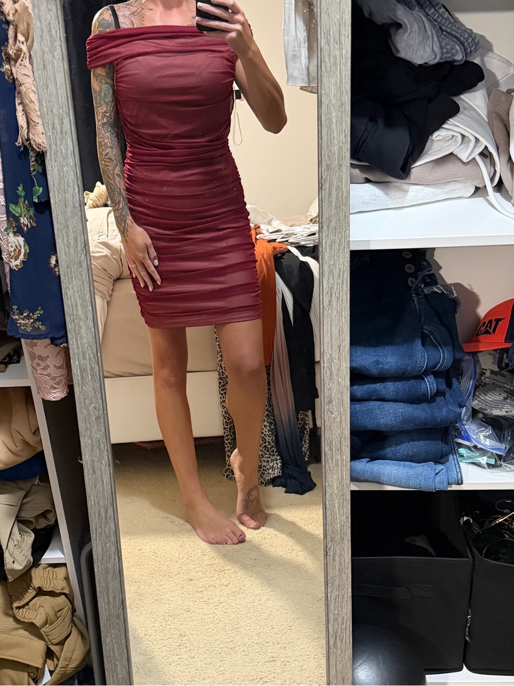 Charlotte Russe Off-Shoulder Ruched Mini Dress in Wine